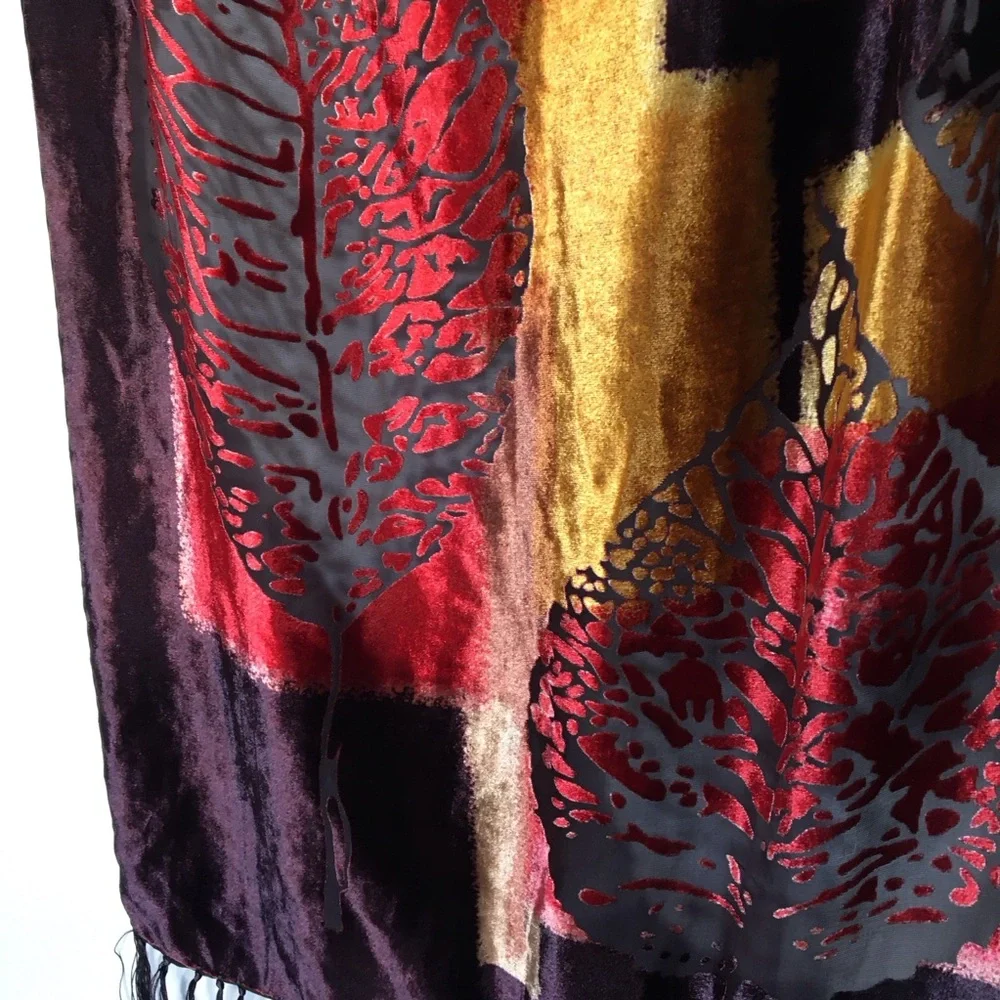 Silk‎ Velvet Burnout Fringe Wrap Hippie Whimsigoth Botantical Floral Leaf Sheer